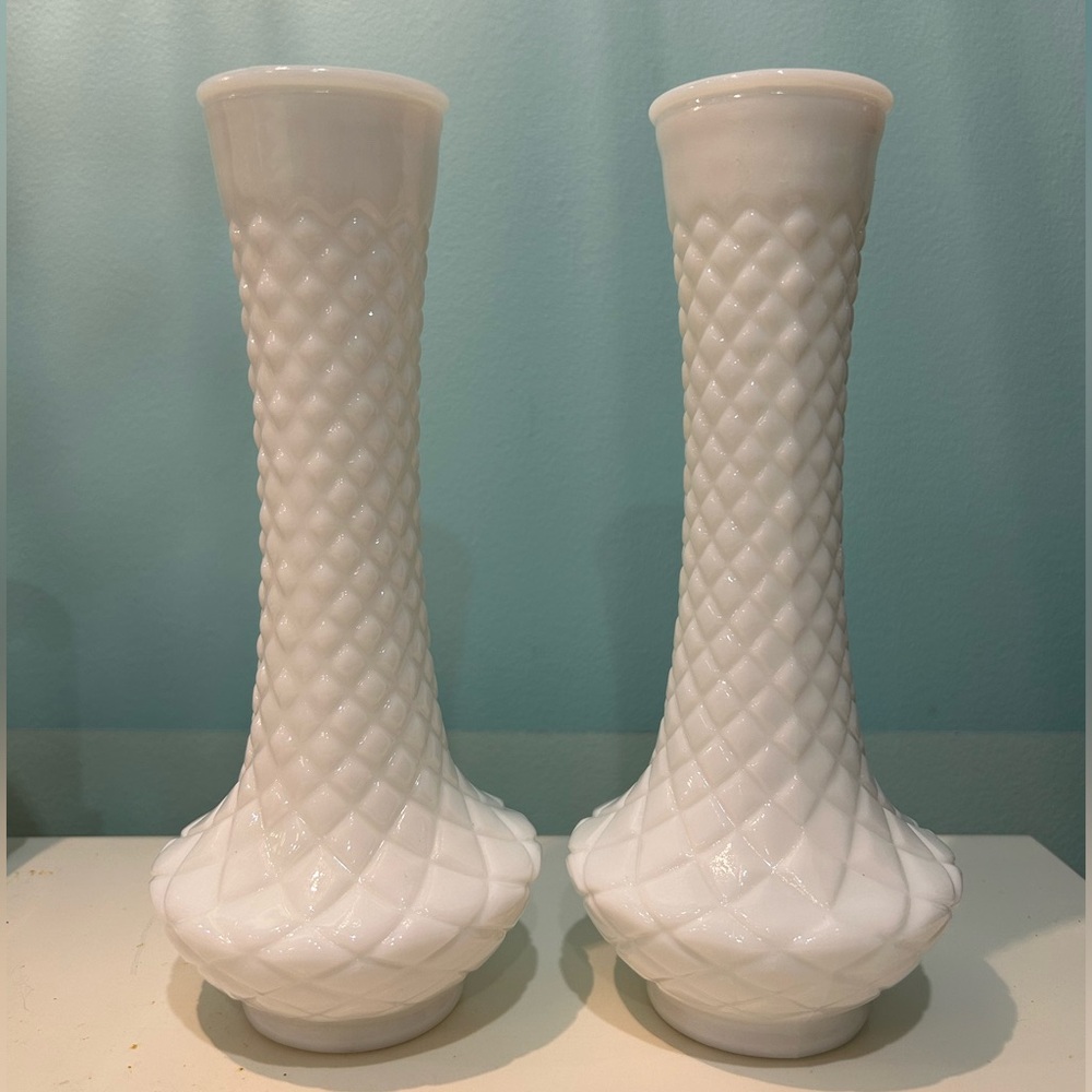 Pair Vintage Randall White Milk Glass Diamond Quilted Pattern Bud Vases 9" Tall